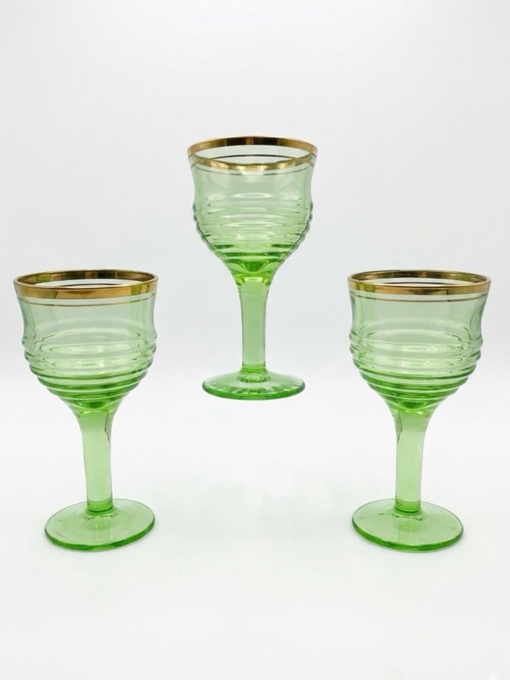 Anchor Hocking Green Uranium Glow Glass Cordial with Gold Trim - Set of 3